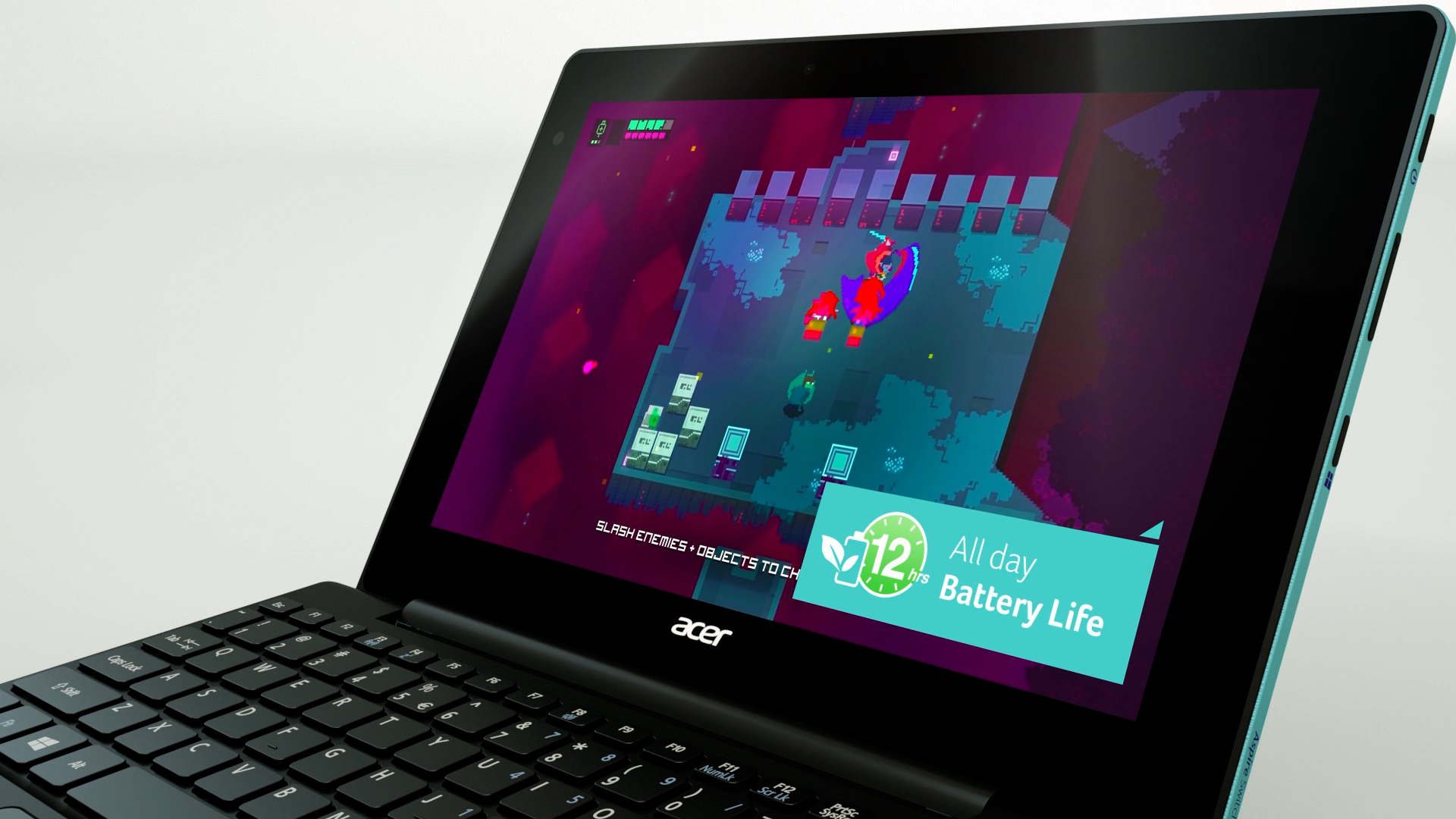 The Aspire in notebook mode with a vivid game rendered on screen